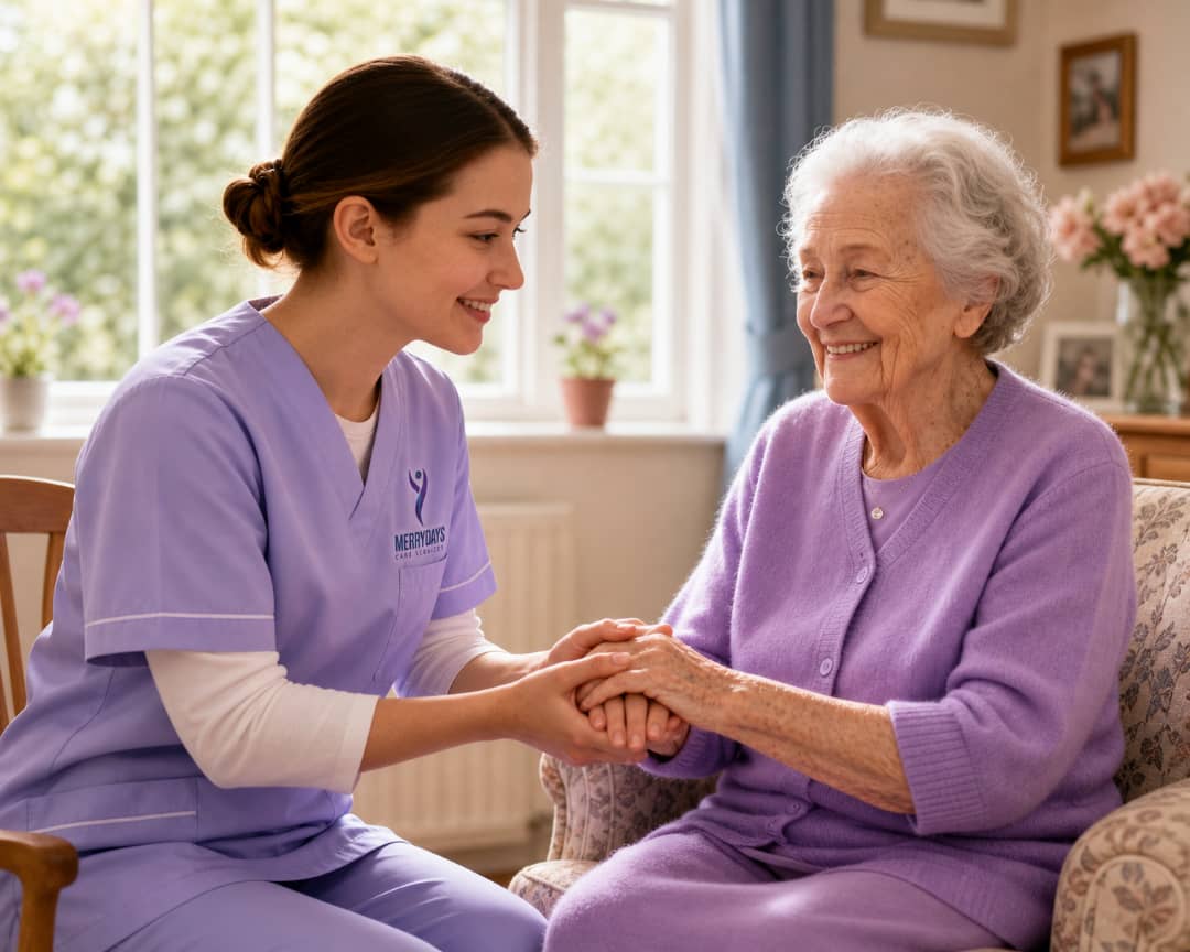A Merrydays caregiver gently holding the hand of an elderly client