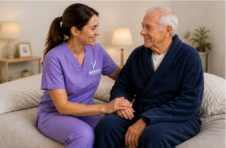 Caregiver and client sharing tea